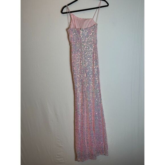 Midnight Doll One Shoulder Pink Sequin Gown with Front Slit Size 0 - Picture 5 of 7